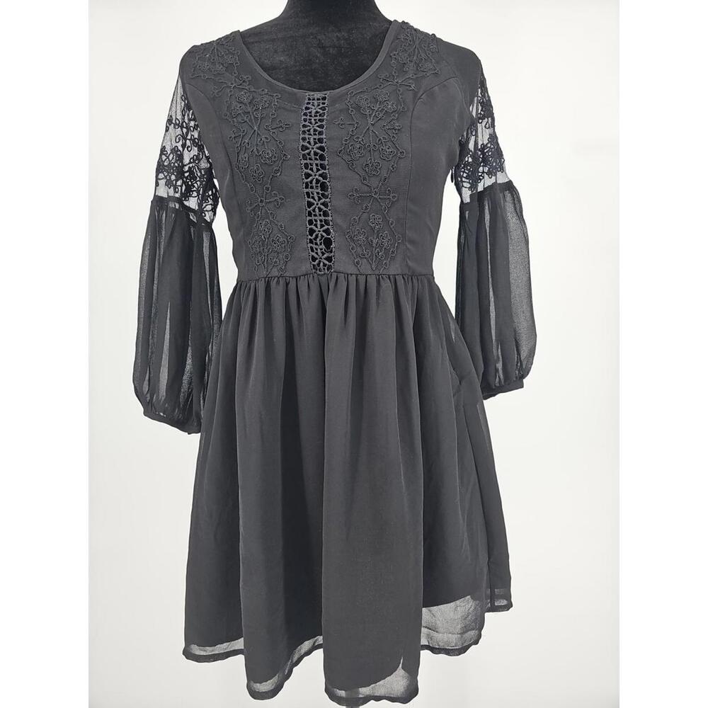 Crochet Puff Sleeve Dress Small Sheer Back Whimsigoth Fairy Grunge Festival